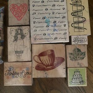 Vintage Wood Rubber Stamp collection – Decorative Tea Cup & Sentiments, Brown